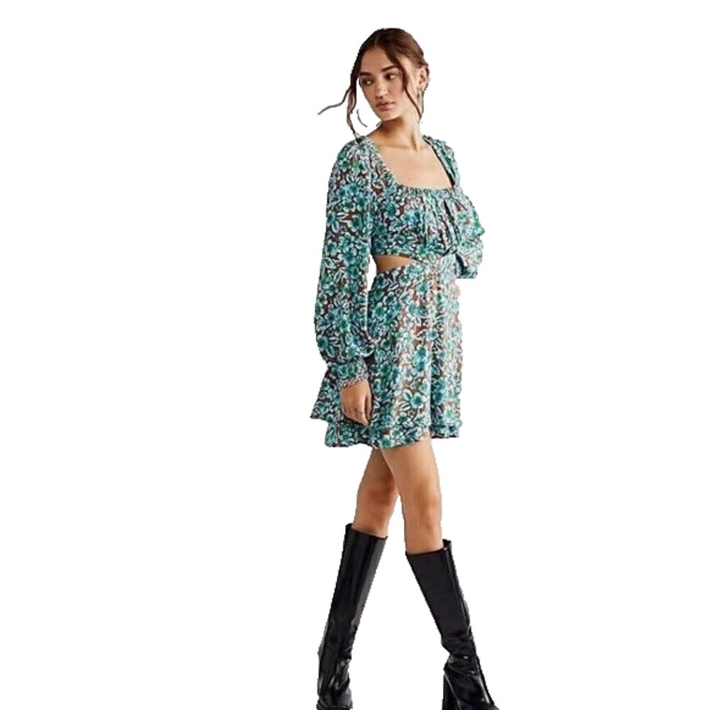 Free People Jael Mini Dress XS Blue Floral Side Cut Outs Balloon Sleeves Boho
